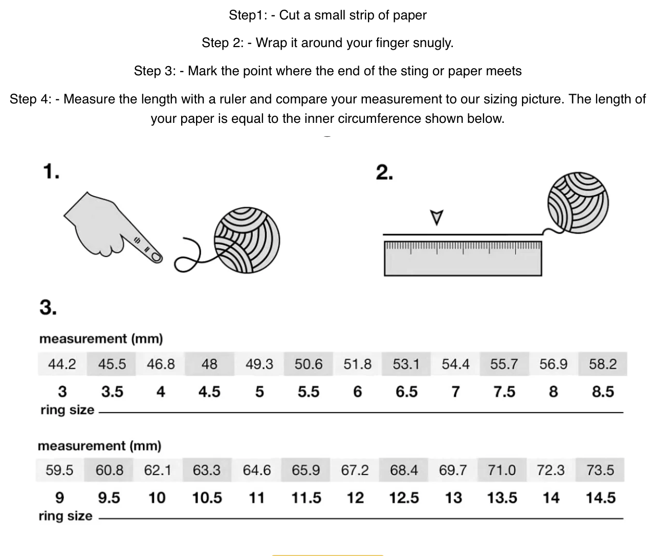 Ring size guide showing paper measurement steps and ring size conversion chart